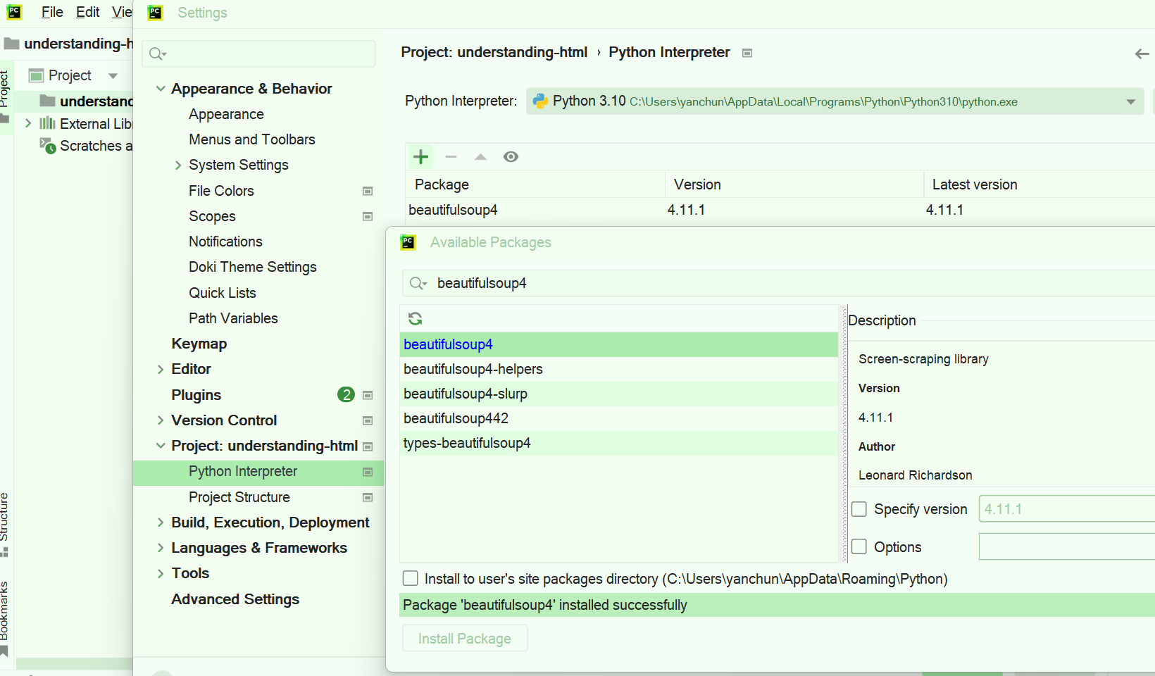How pychart installs packages