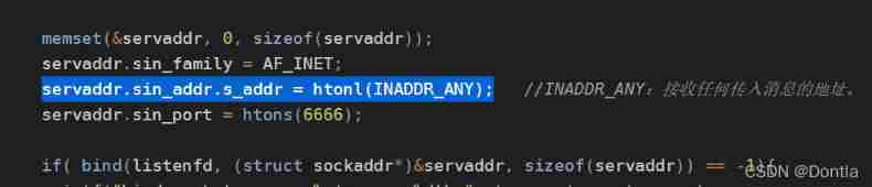 The IP bound to the socket is inaddr_ The meaning of any htonl (inaddr_any) (0.0.0.0 all addresses, uncertain addresses, arbitrary addresses)