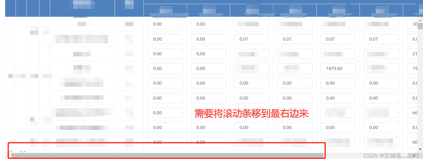 El table X-axis direction (horizontal) scroll bar slides to the right by default