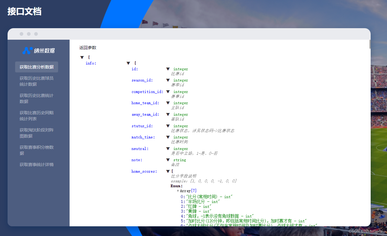 纳米数据世界杯数据接口，中超数据，体育数据比分，世界杯赛程api，足球比赛实时数据接口