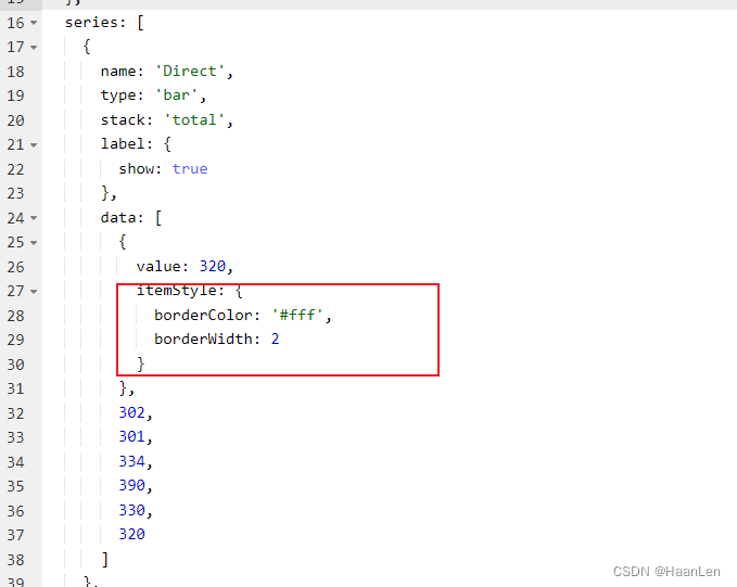 Echart堆叠柱状图：色块之间添加白色间距效果设置