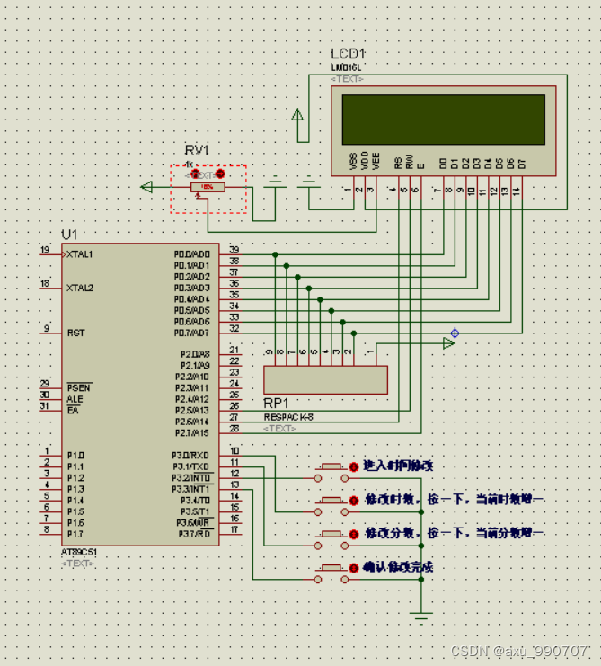 （原创）制作一个采用 LCD1602 显示的电子钟，在 LCD 上显示当前的时间。显示格式为“时时:分分:秒秒”。设有 4 个功能键k1～k4，功能如下：（1）k1——进入时间修改。