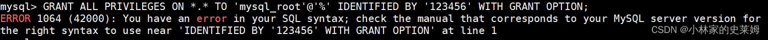 Solution: 2003 cant connect to MySQL server on * * * * and use near 'identified by' * * * * 'with grant option' at