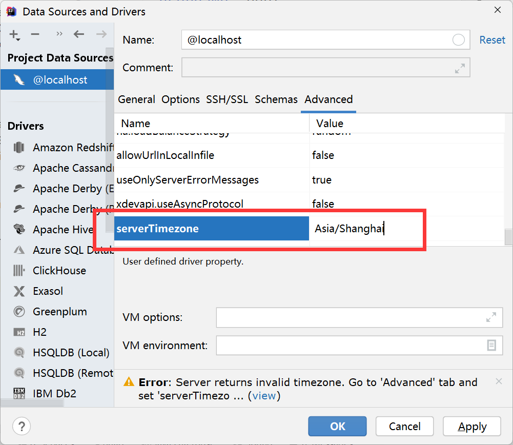 解决 Server returns invalid timezone. Go to ‘Advanced’ tab and set ‘serverTimezone’ property manually