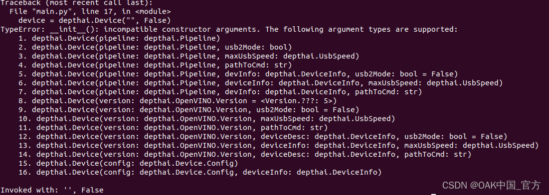 Device = depthai Device(““, False) TypeError: _init_(): incompatible constructor arguments.
