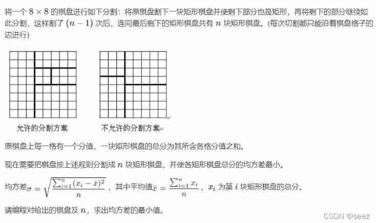 321. Chessboard segmentation (2D interval DP)