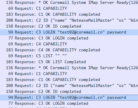 Wireshark's analysis of IMAP packet capturing