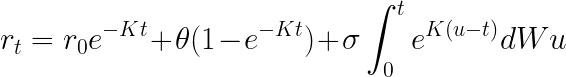 \LARGE r_t=r_0 e ^{-Kt} + \theta ( 1 - e^{-Kt} ) + \sigma \int_{0}^{t} e^{K(u-t)} dWu