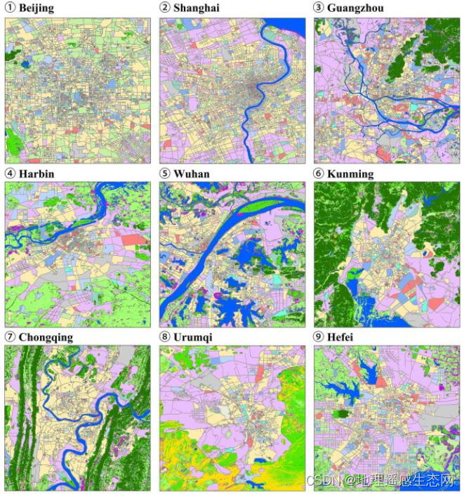 Urban land use distribution data / urban functional zoning distribution data / urban POI points of interest / vegetation type distribution