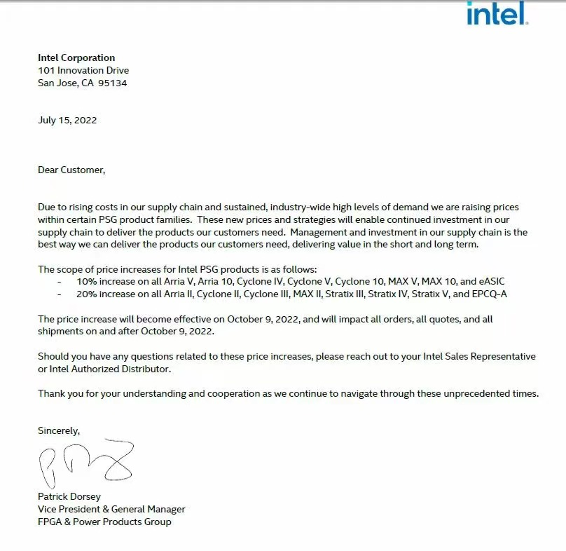 It is reported that the prices of some Intel FPGA chip products have increased by up to 20%