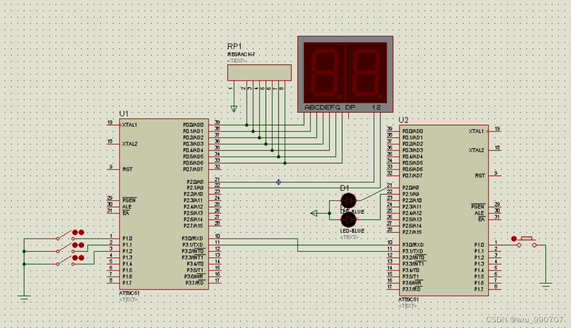 Mode 1 two-way serial communication is adopted between machine a and machine B, and the specific requirements are as follows: (1) the K1 key of machine a can control the ledi of machine B to turn on a