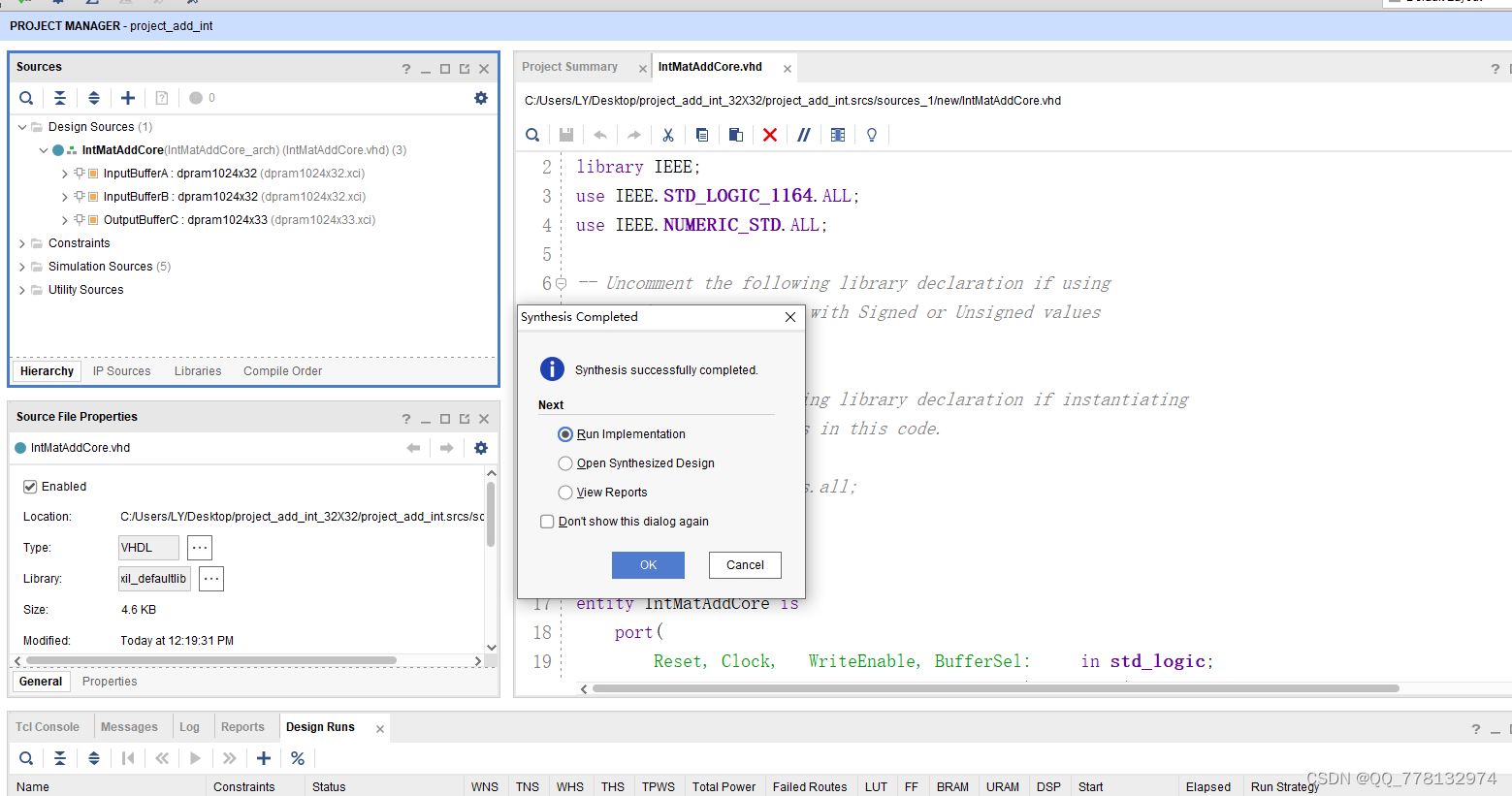 VHDL implementation of arbitrary size matrix addition operation