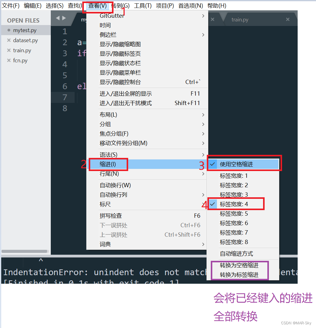 Indentation of tabs and spaces when writing programs for sublime text