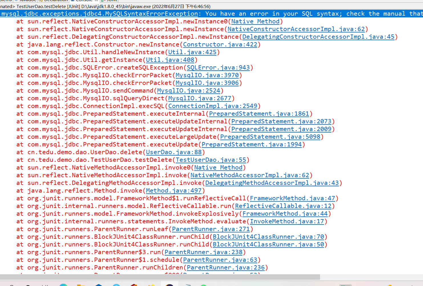 SQL statement syntax error in test SQL statement deletion in eclipse linked database