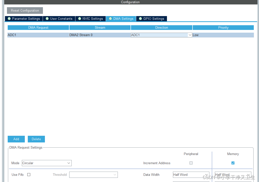 The Hal library is configured with a general timer Tim to trigger ADC sampling, and then DMA is moved to the memory space.