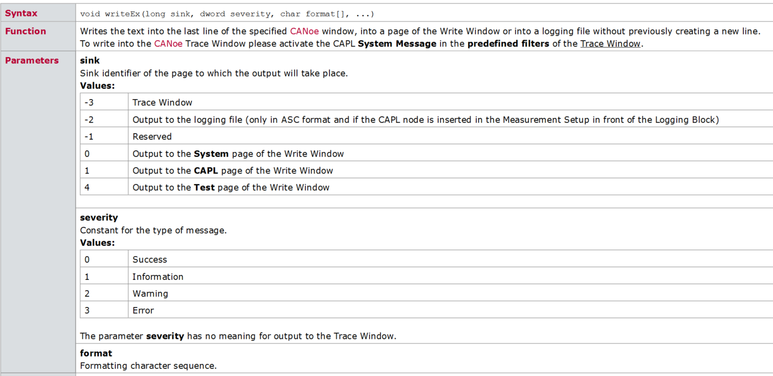 CAPL script printing functions write, writeex, writelineex, writetolog, writetologex, writedbglevel do you really know which one to use under what circumstances?